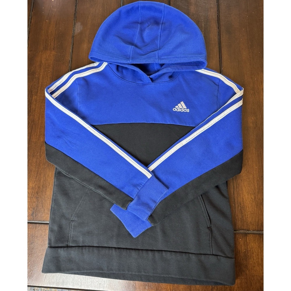 Boys Blue and Black Color block Hooded Adidas Sweatshirt Hoodie W/ White Stripe